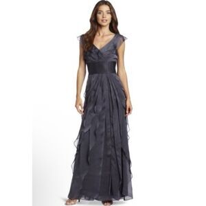 Adriana Papell Tiered Petal Sleeveless Chiffon Long Dress -Size 6 -Gray